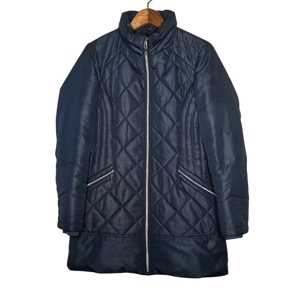 Details Intl Quilted Long Navy Coat Womens S Zipper Front Warm Winter Jacket